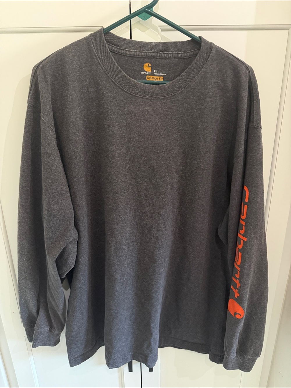 Carhartt Charcoal Long-Sleeve Crew with Orange Sleeve Script